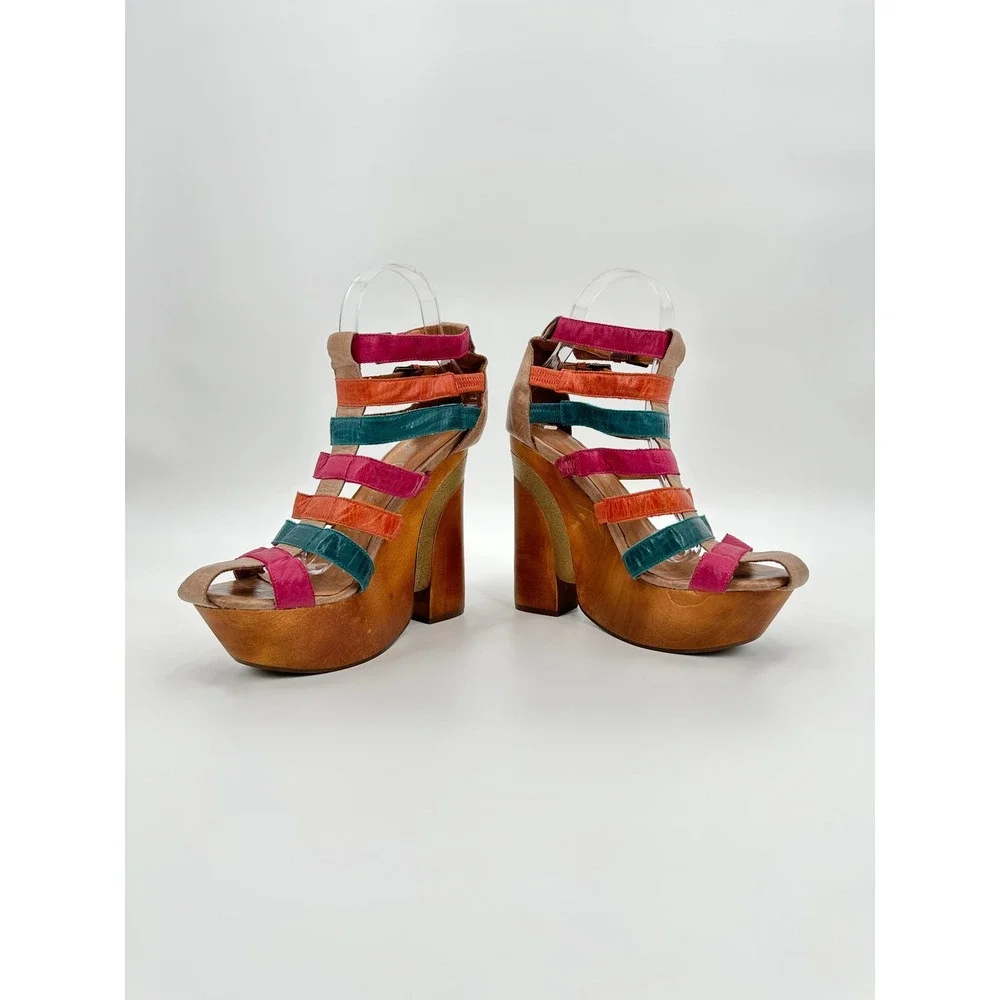 Jeffrey Campbell Ibiza Last Multi Color Leather Strappy Wood Platform Sandal 7.5